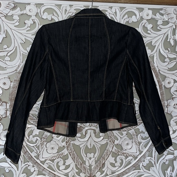 Burberry London Denim Nova Check Plaid Trim w Back Ruffle Button Up Jean Jacket - Picture 8 of 10